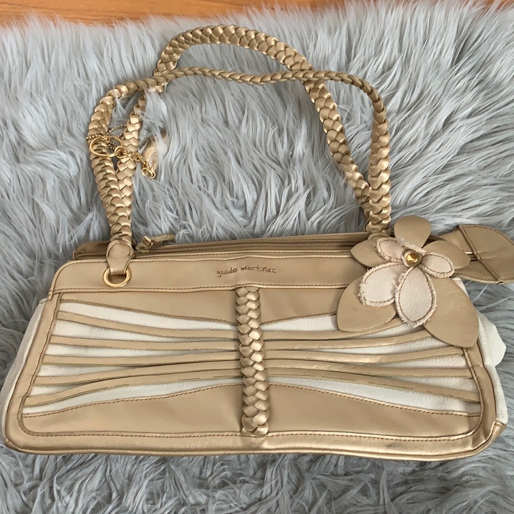2/$18 Gold and Cream Top Handle Purse with Floral Appliqué and Zippered Opening